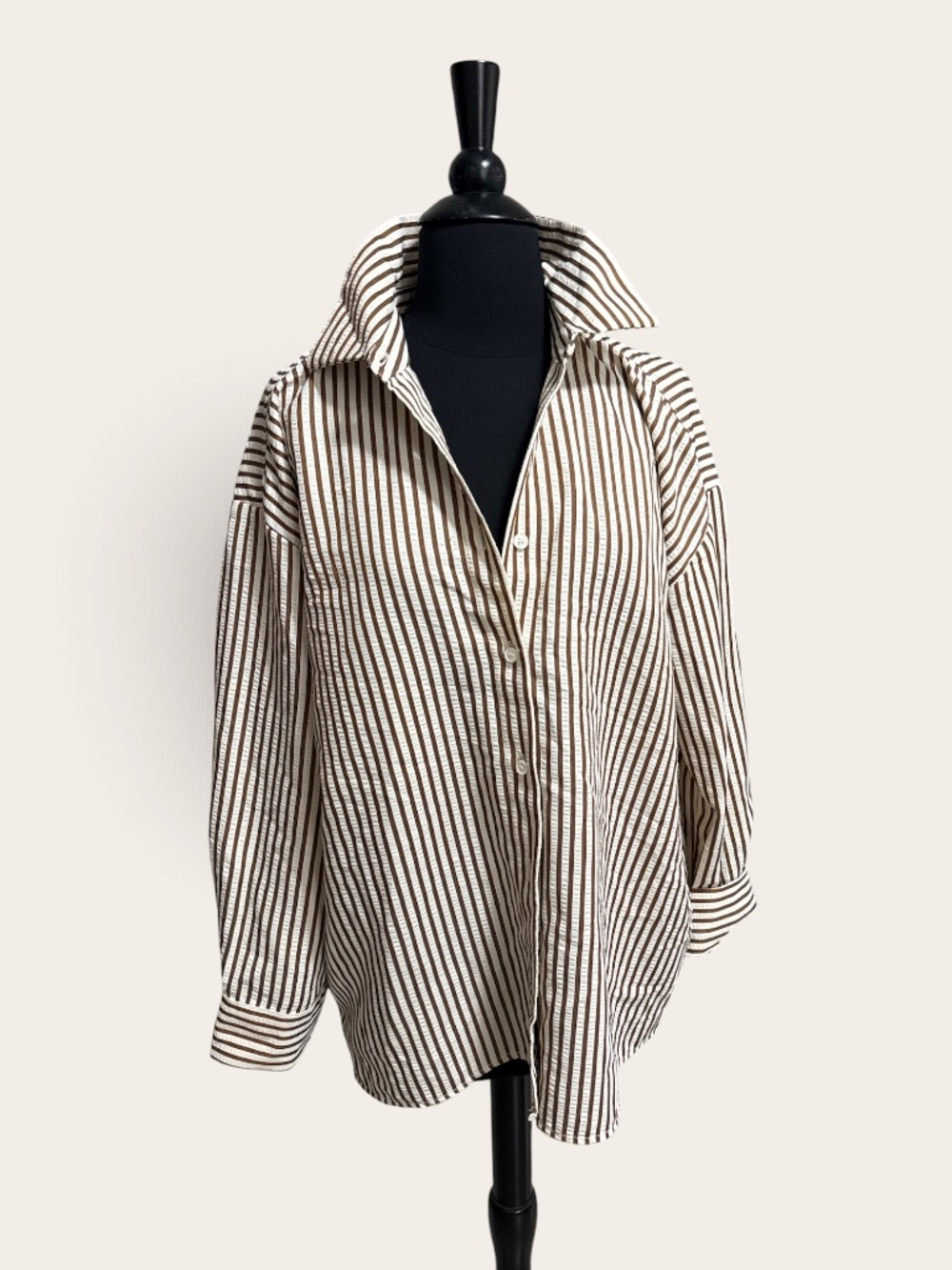 Rhythm Oversized Brown and Cream Striped Button Down Cotton Shirt Size XS